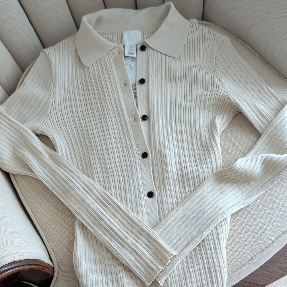 H&M Ribbed Polo Button-Down Midi Dress in Cream